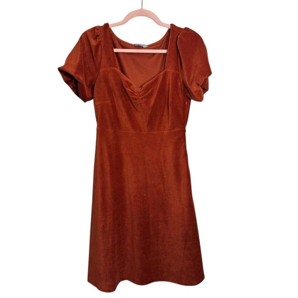 Urban Revivo Rust Orange Scrunched Puff Sleeve Velvet Dress